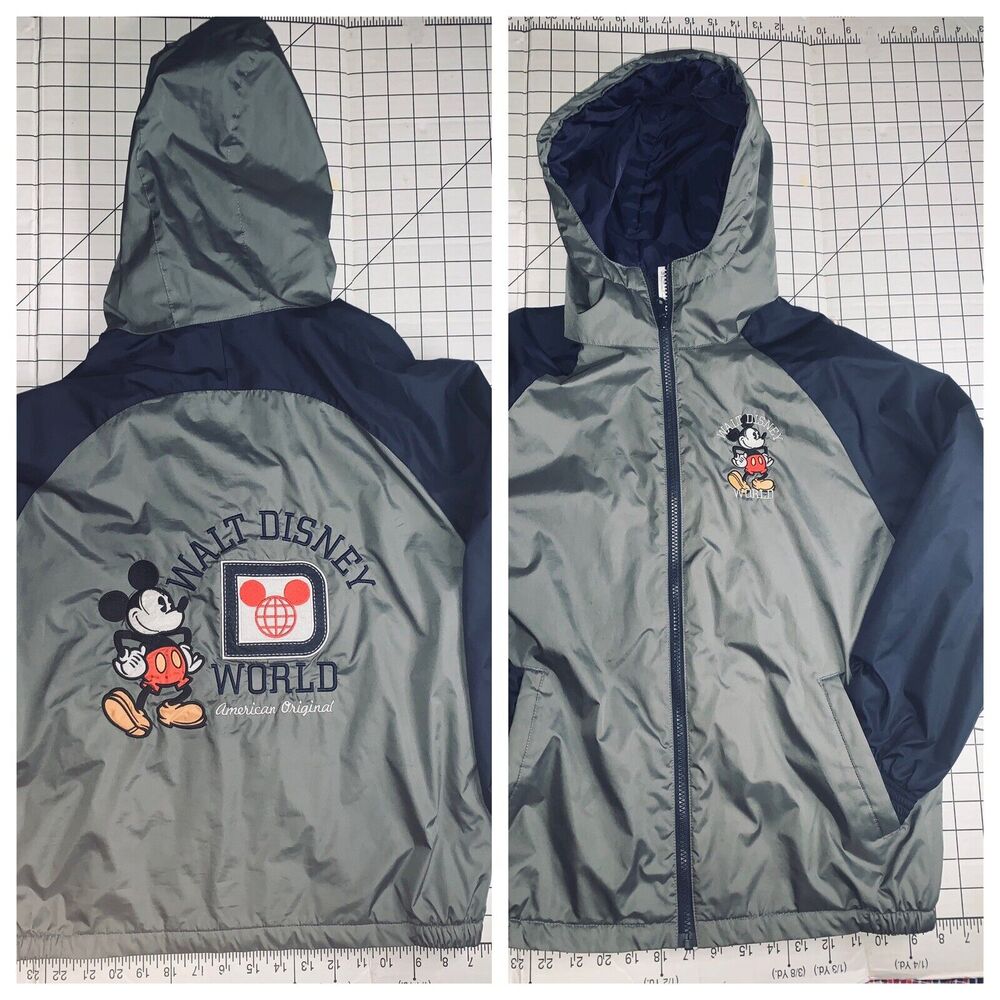 Size L Disney Parks Mickey Mouse Gray Blue Hooded Jacket Warm Lightweight GUC